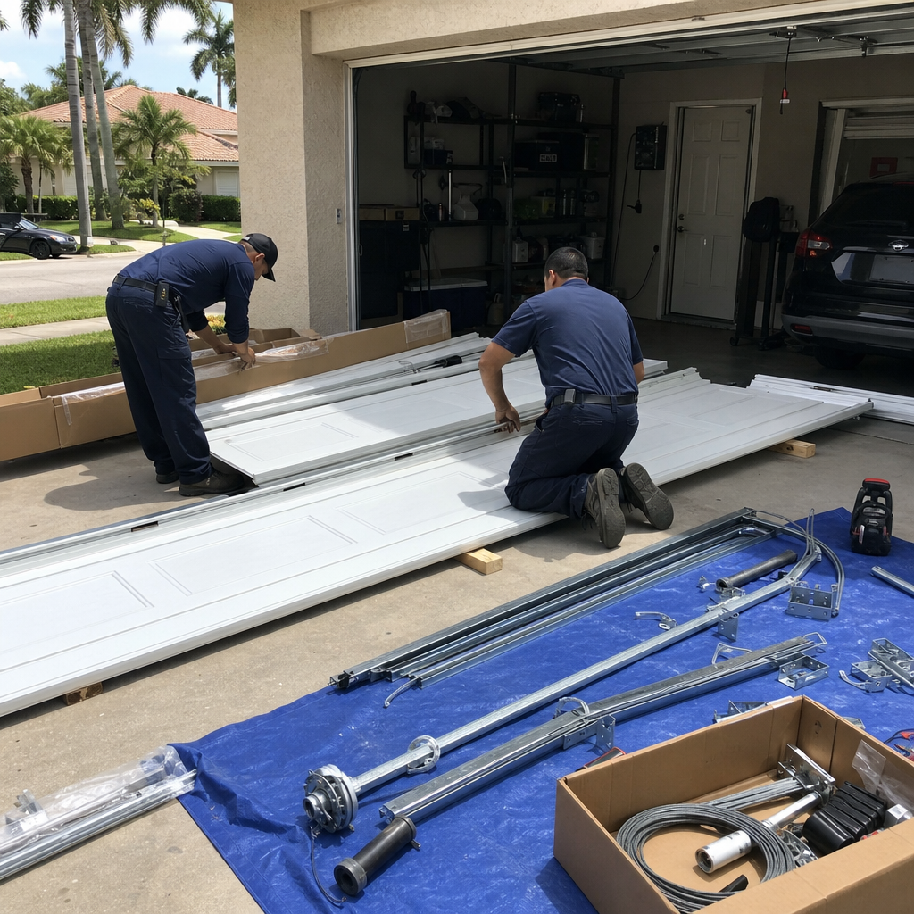 Technicians installing a new garage door outdoors