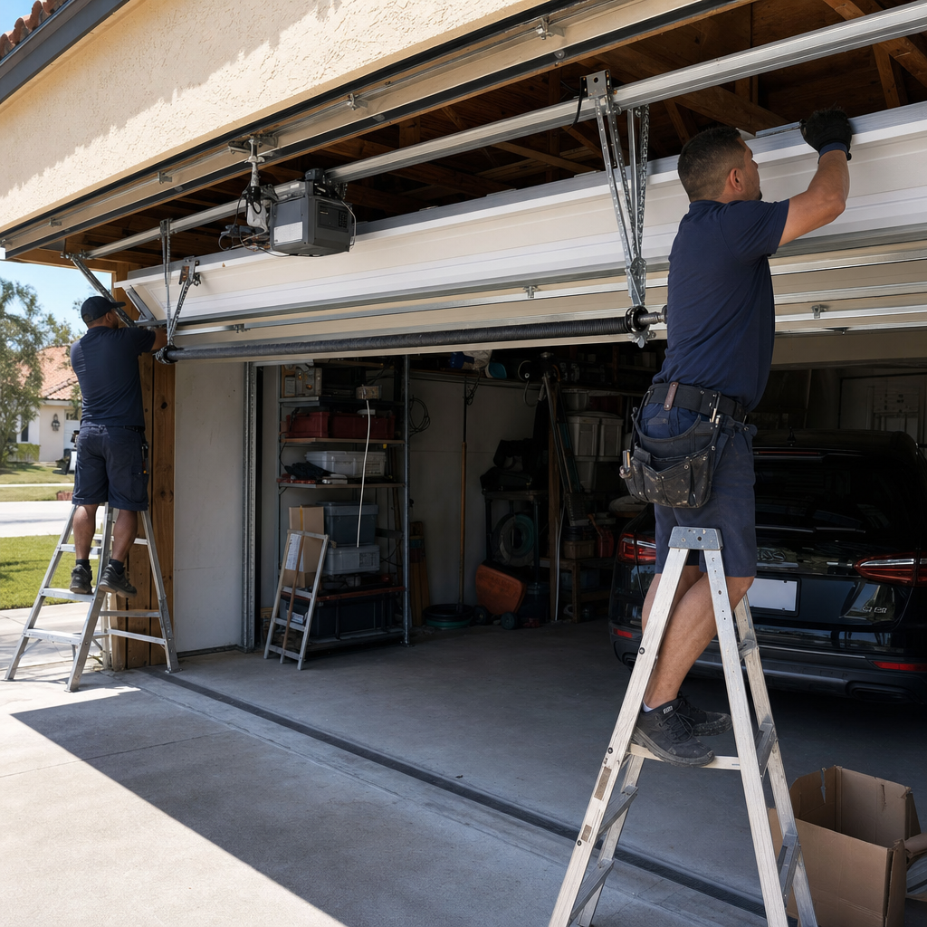 Technicians installing garage door system from ladders