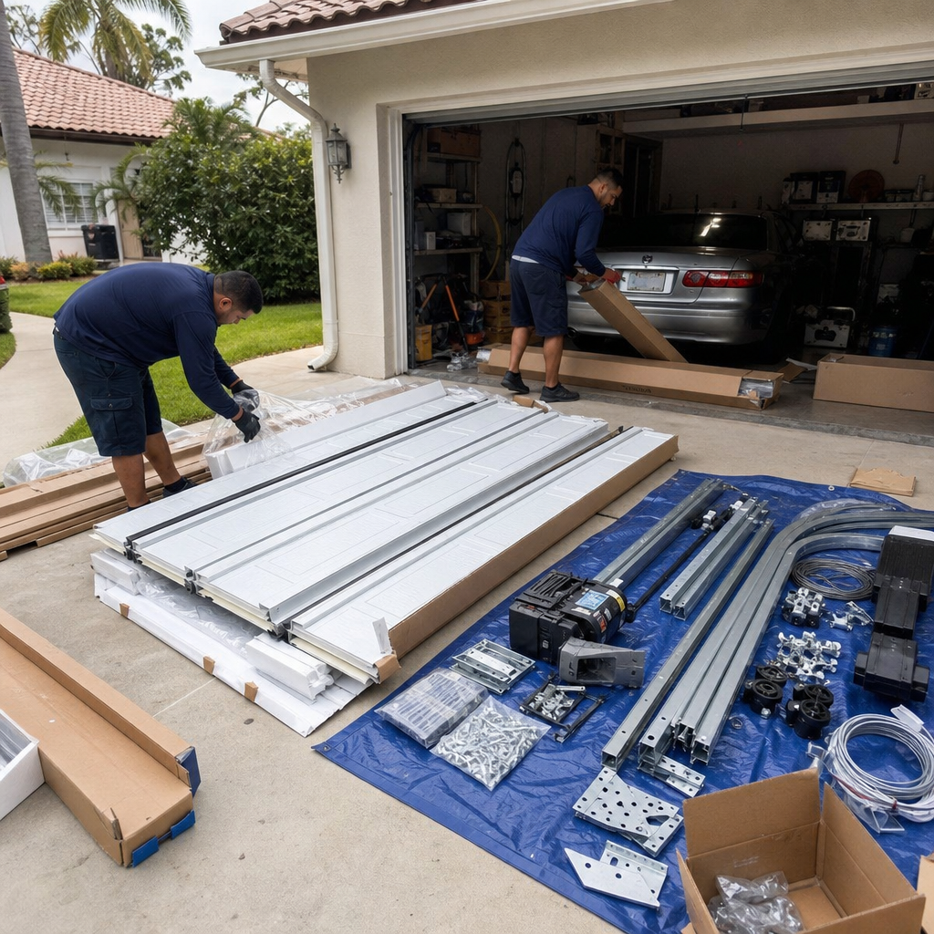 Garage door installation service with new door and parts