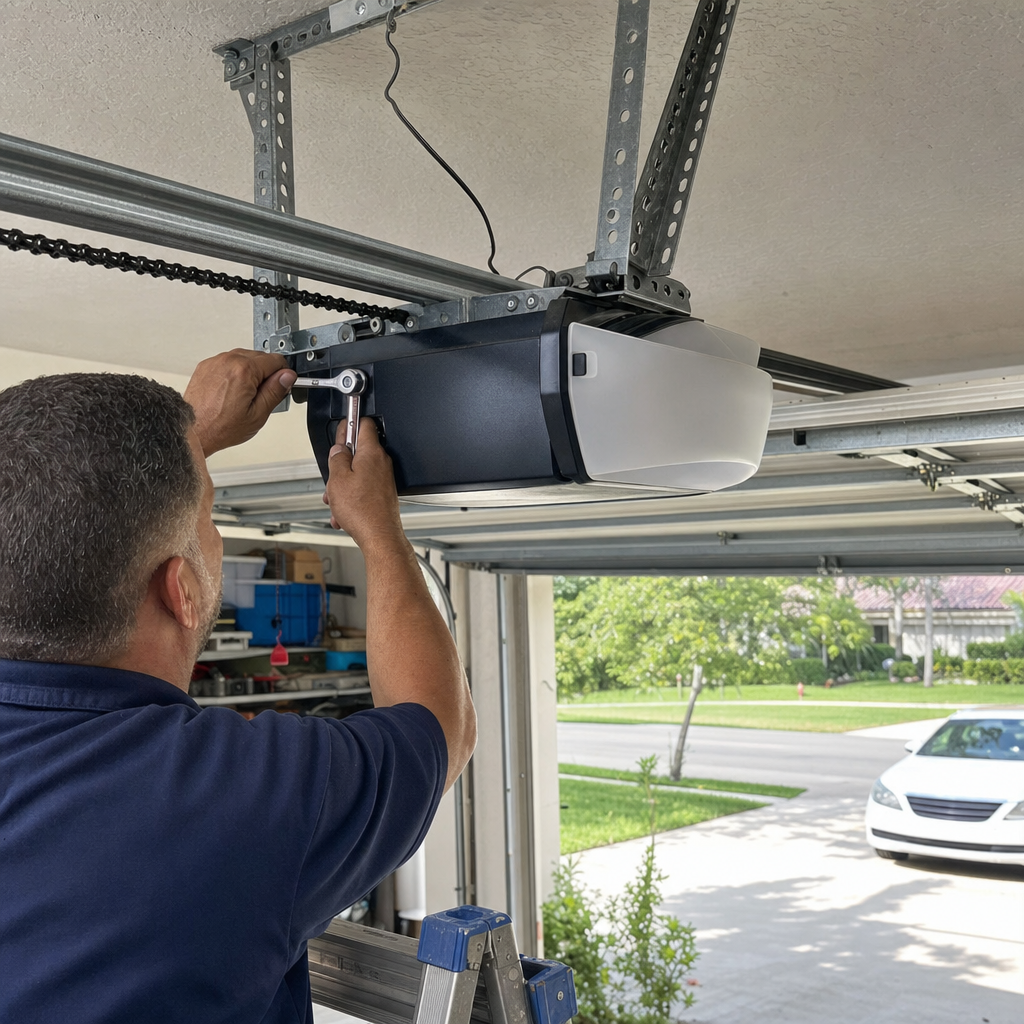 Professional installing and repairing a garage door opener mechanism.