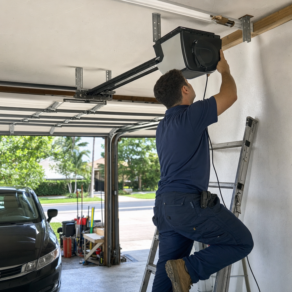 Technician installs garage door opener system