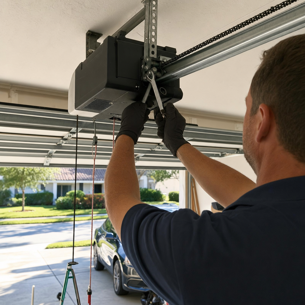 Technician repairing garage door opener with wrench