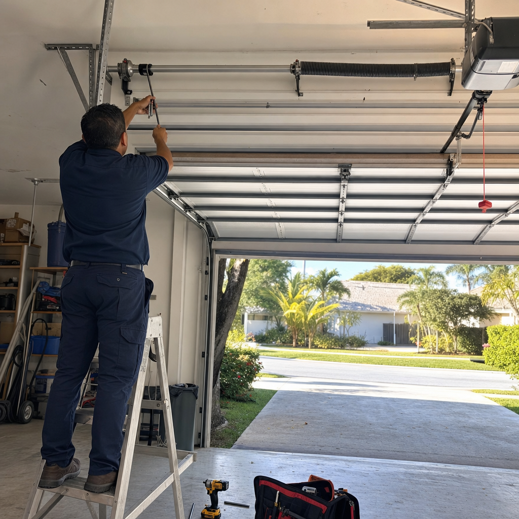 Garage door repair technician adjusting spring mechanism on a ladder