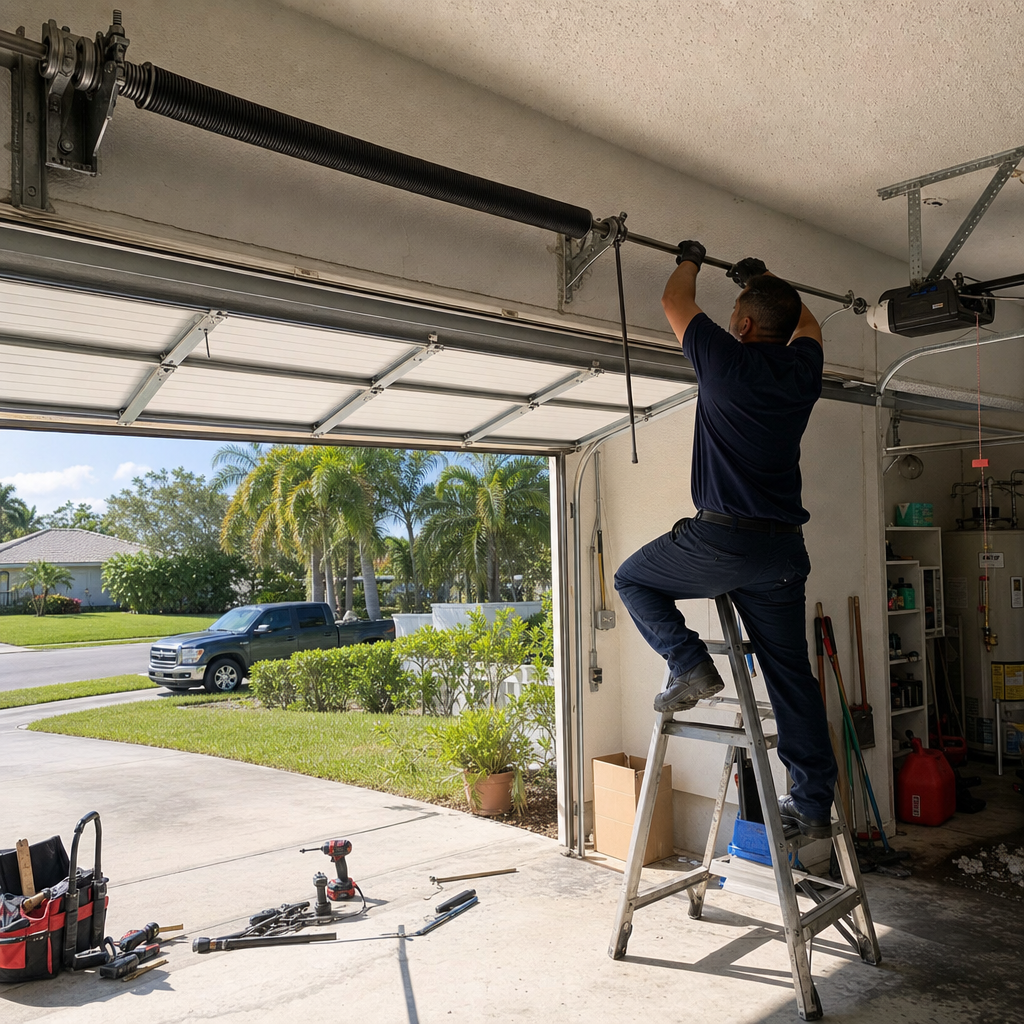 Garage door technician fixing a torsion spring with tools