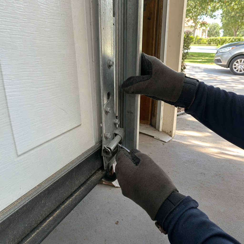 Gloved hand tightening bolt on garage door track mechanism in Boca Raton, FL